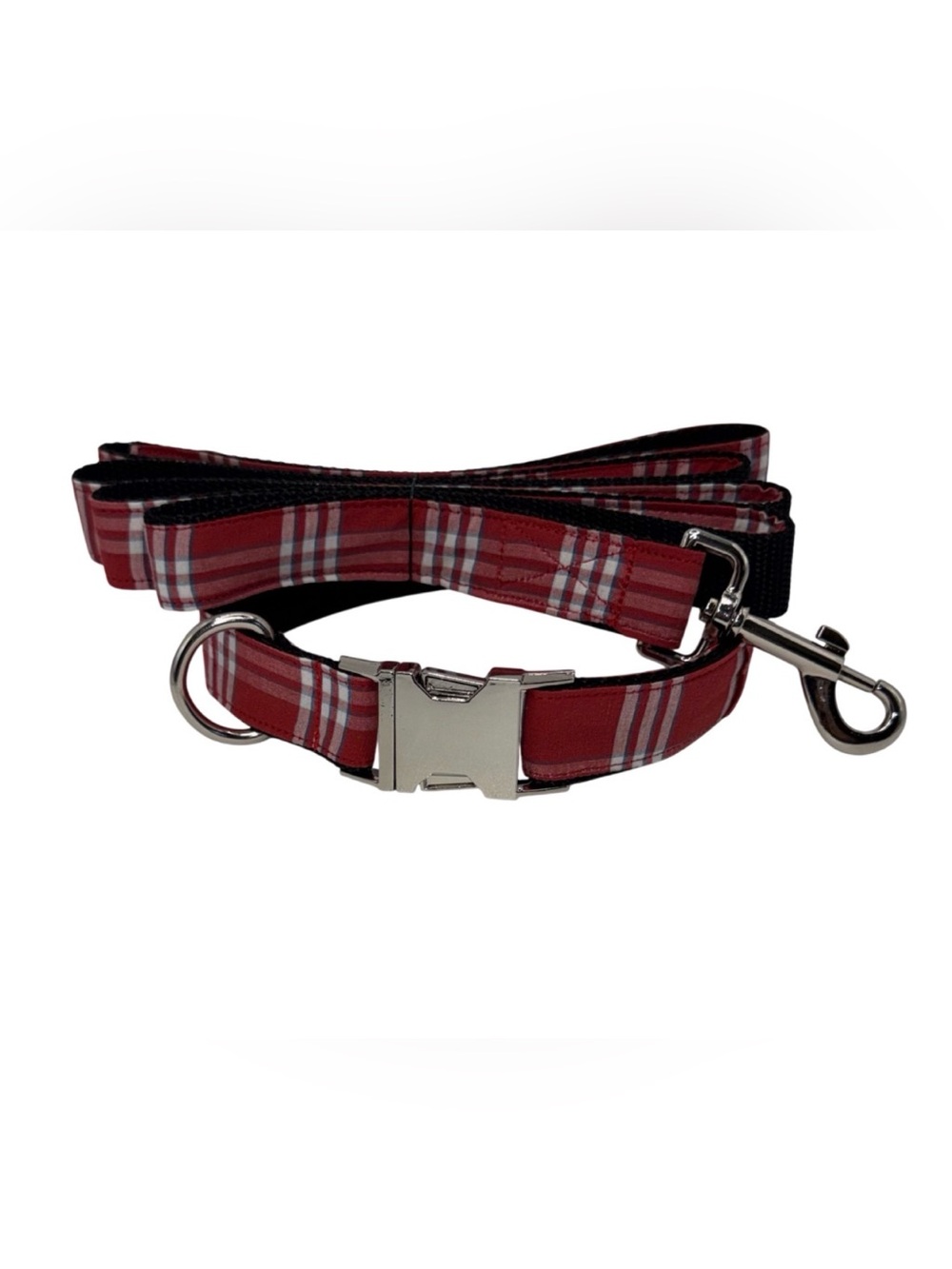 Dog Collar & Leash Plaid Red & White Large Handmade Heavy Duty Metal Buckle New
